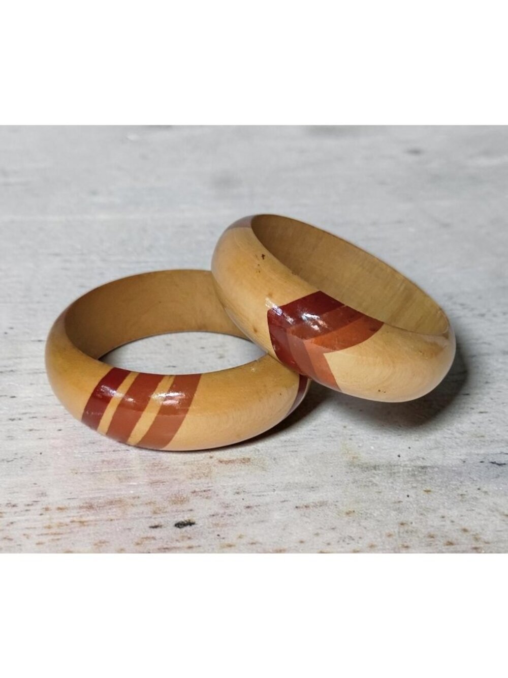 Vintage Wood Lacquered Boho Bangle Bracelets Set of 2 Retro Hippie